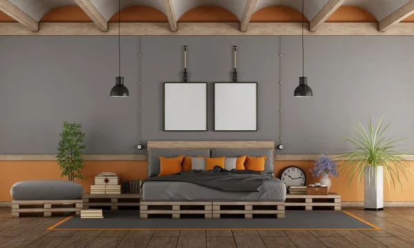 Quarto Principal Cinza Laranja Com Cama Paletes Renderização — Fotografia de Stock