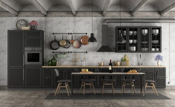 Bucătărie Retro Neagră Într Interior Grunge Masă Redare — Fotografie, imagine de stoc