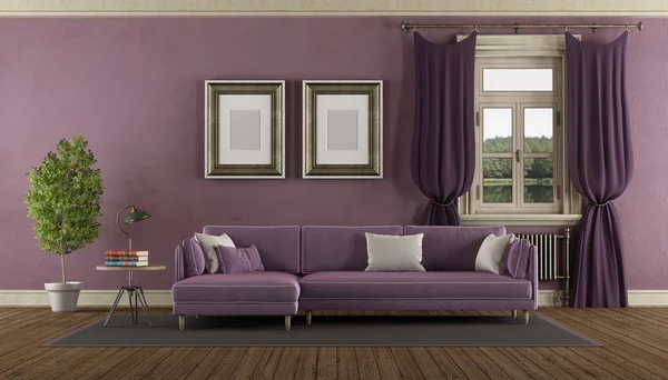 Paarse Retro Woonkamer Met Elegante Sofa Rendering — Stockfoto