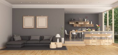 Siyah kanepe ve ahşap yemek masası - 3d render moder oturma odası