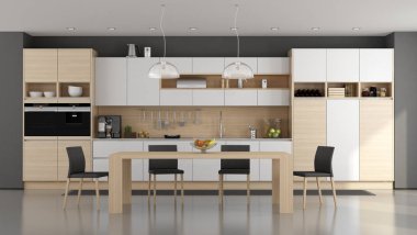 Ahşap ve beyaz modern mutfak yemek masası - 3d render ile
