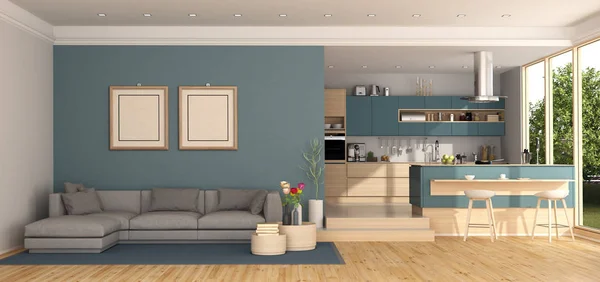 Soggiorno Blu Con Divano Grigio Cucina Moderna Sullo Sfondo Rendering — Foto Stock