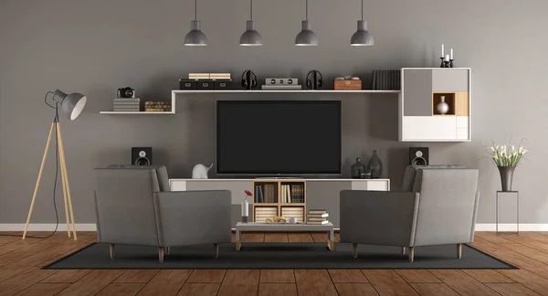 Ev sinema sistemi ile minimalist gri Oda — Stok fotoğraf