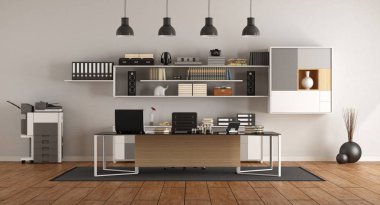 Büyük masası, kitaplık ve fotokopi makinesi - 3d render ile modern ofis
