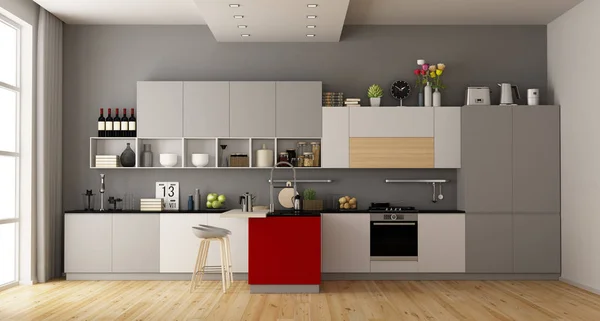 Gray White Modern Kitchen Red Island Rendering — Stock Photo, Image