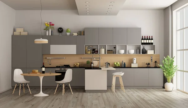 Cucina Moderna Con Tavolo Pranzo Rotondo Isola Rendering — Foto Stock