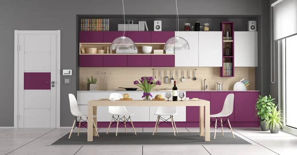 Cucina Moderna Bianca Viola Con Tavolo Pranzo Legno Rendering — Foto Stock