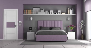 Mor ve gri yatak odası Çift Kişilik Yatak, nightstands ve kapalı kapı - 3d render ile