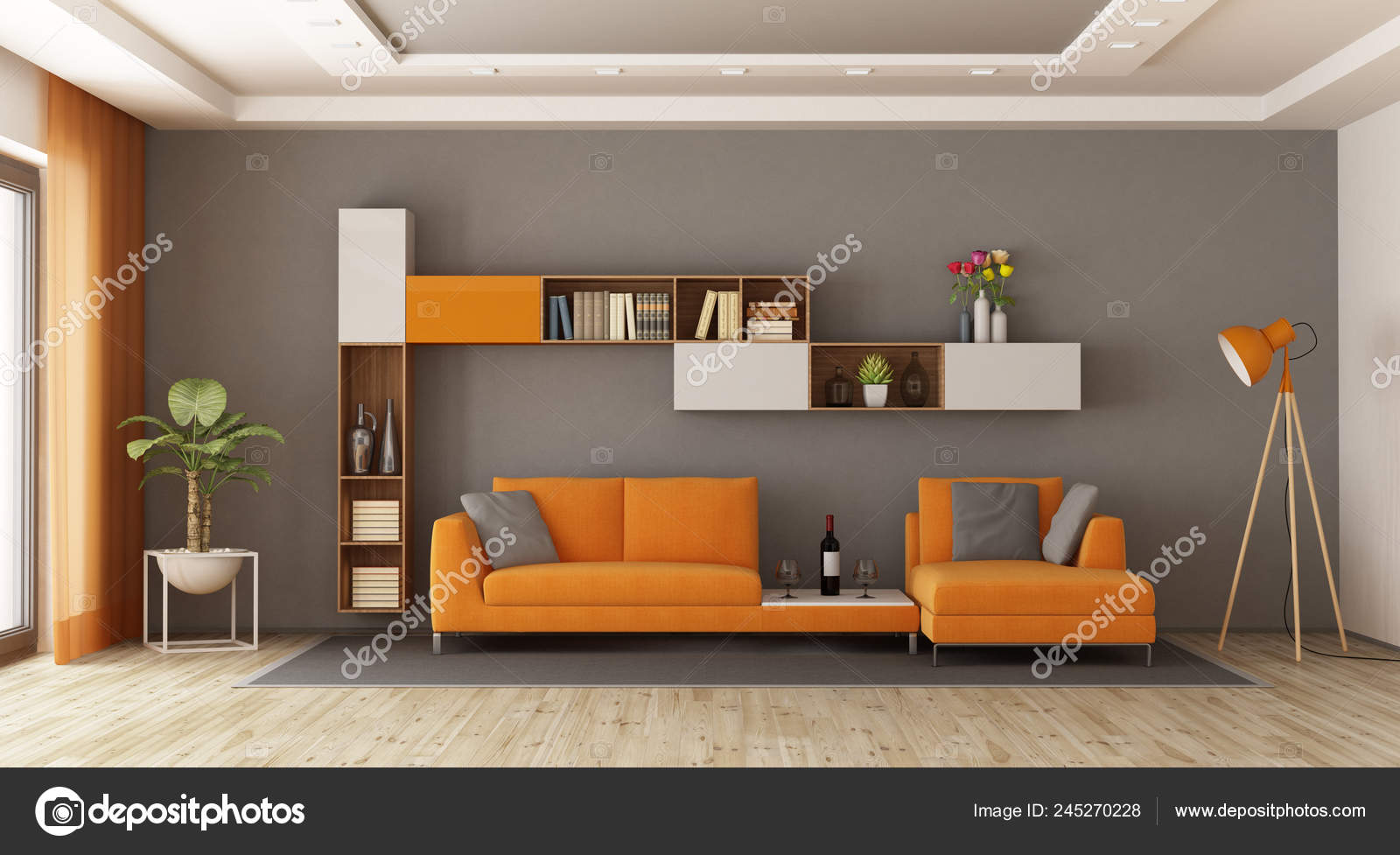 Gray Orange Living Room Sofa Bookcase Rendering Stock Photo