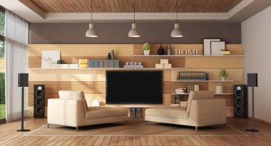 Ev sinema sistemi - 3d render ile geniş oturma odası