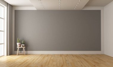 Arka plan gri duvar ile minimalist Oda boş ve üzerinde ahşap tabure - 3d işleme tesisleri