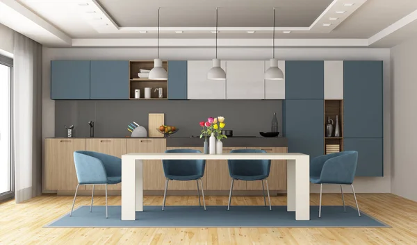 Cozinha Moderna Branca Azul Com Mesa Jantar Renderização — Fotografia de Stock