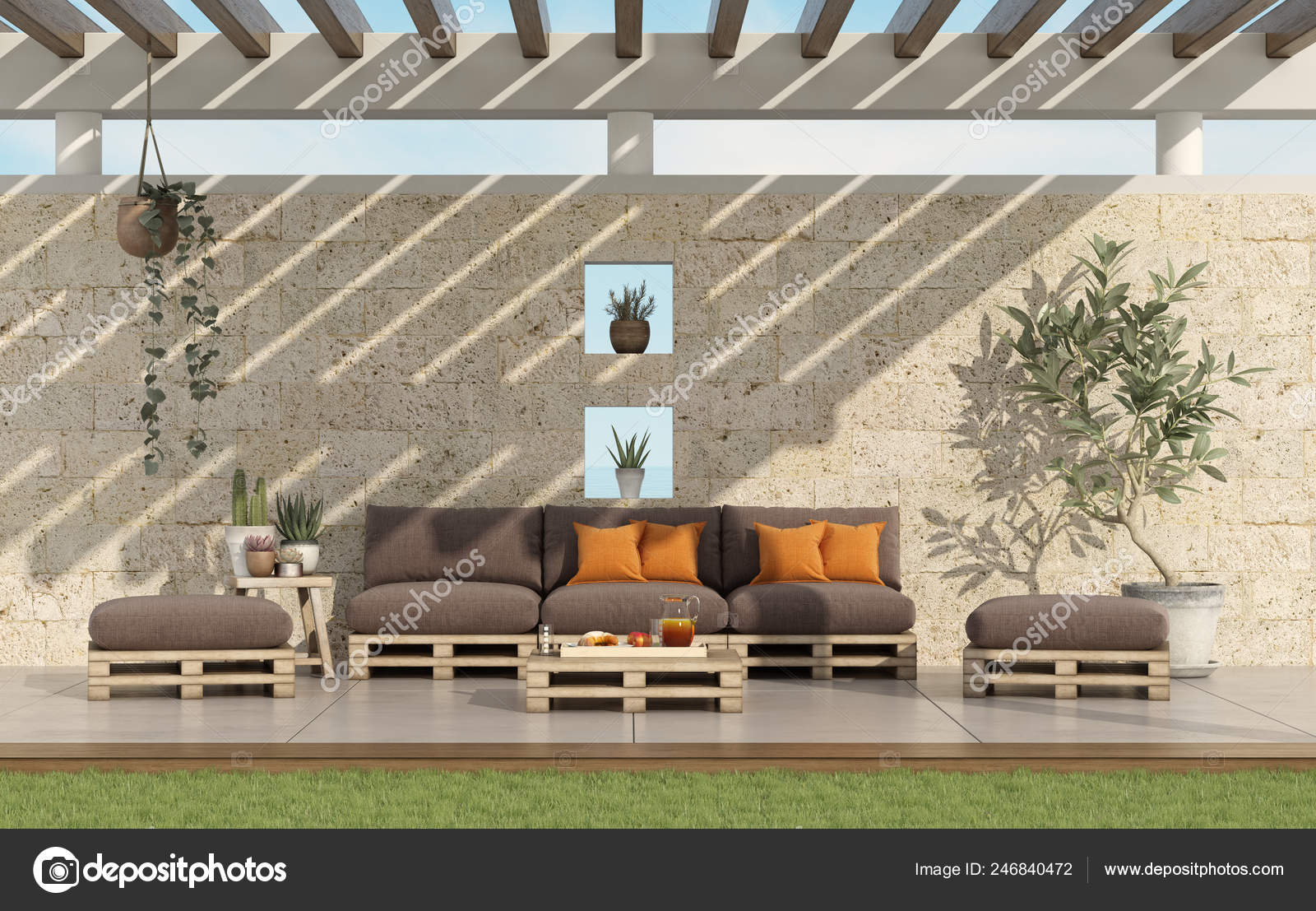 Garden Pallet Sofa Wooden Pergola Stone Wall Background