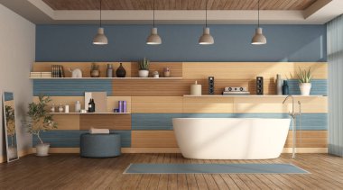 Bathub ve ahşap Lambri - 3d render ile modern banyo