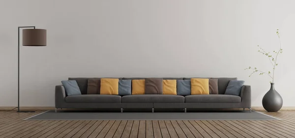 Minimalistiskt Vardagsrum Med Stor Soffa Med Färgglad Kudde Rendering — Stockfoto