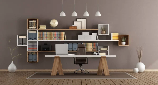 Ufficio Moderno Con Libreria Scrivania Legno Rendering — Foto Stock