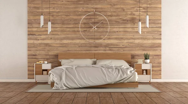 Minimalista quarto principal com cama de casal de madeira — Fotografia de Stock