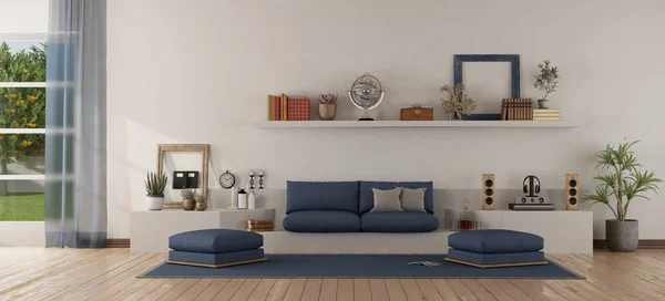 现代白色和蓝色客厅 — 图库照片