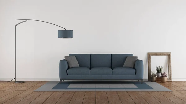 Blaues Sofa im minimalistischen Wohnzimmer — Stockfoto