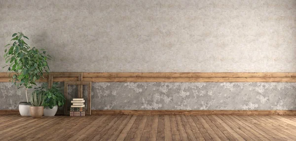 Tomt rum med trägolv och gamla väggen — Stockfoto