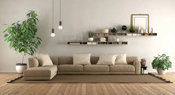 Salon moderne avec canapé et étagères — Photo