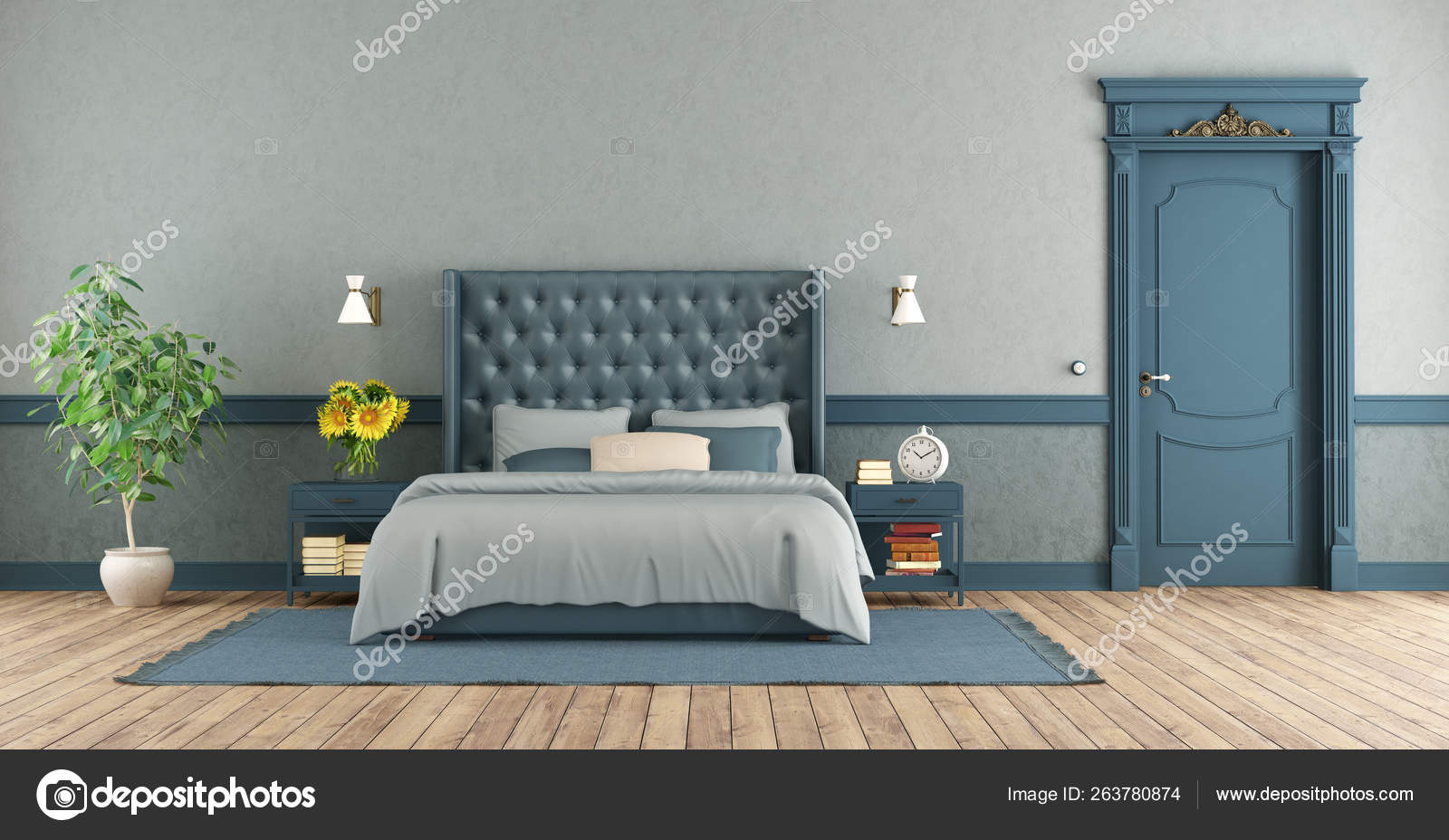 Blue Master Bedroom In Retro Style Stock Photo