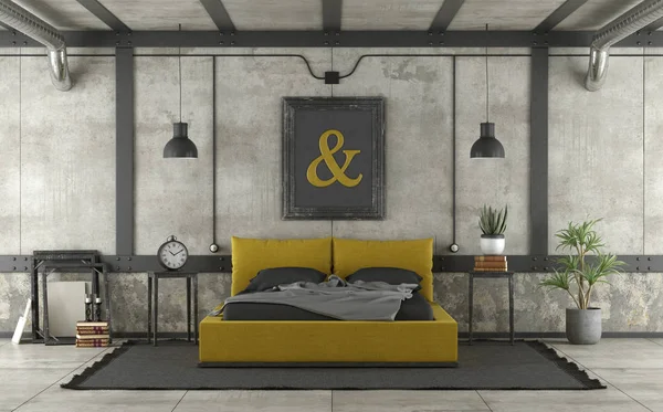 Cama amarela e preta moderna em um sótão — Fotografia de Stock