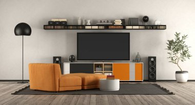 Ev sineması ekipmanları ile modern oturma odası
