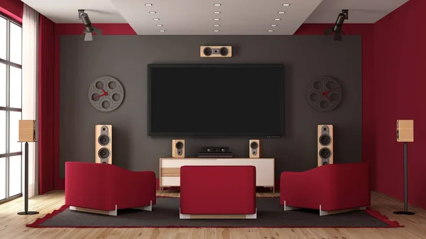 Home cinéma moderne avec télévision à écran plat et équipement audio — Photo