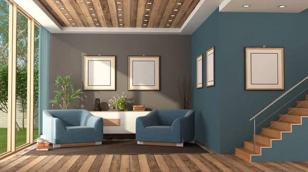 Blått modernt vardagsrum med trappa — Stockfoto