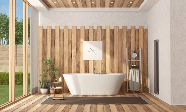 Modernes Holzbad mit Badewanne — Stockfoto
