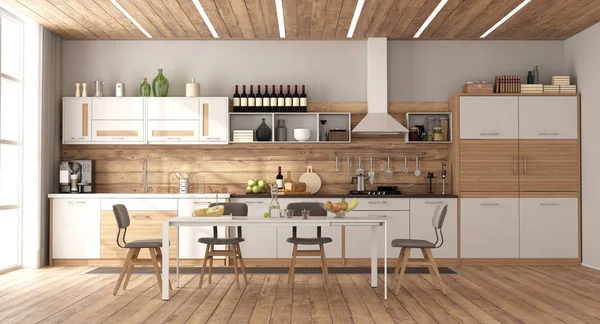 Bucătărie modernă albă și din lemn — Fotografie, imagine de stoc