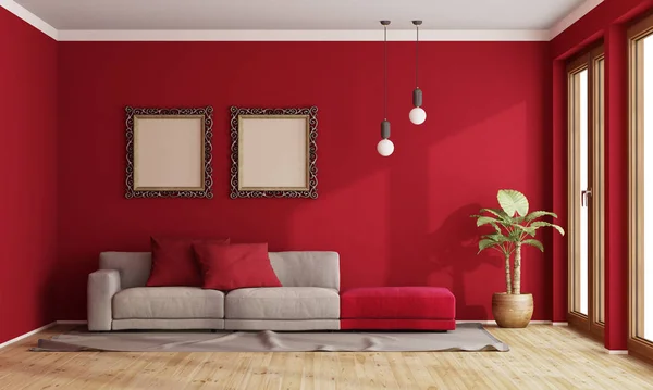 Rött vardagsrum med modern soffa — Stockfoto
