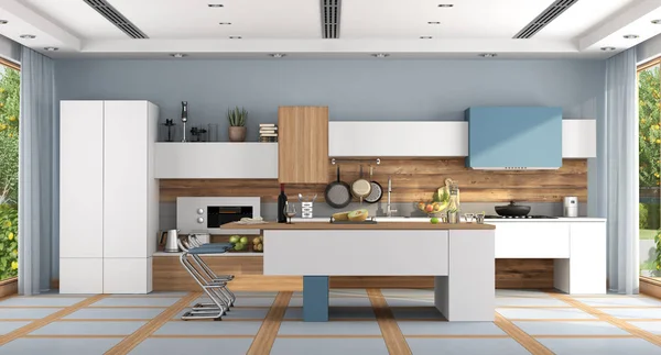 Cucina moderna bianca e blu — Foto Stock