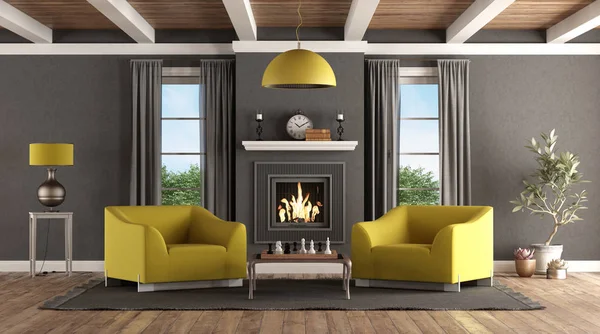 Klassieke woonkamer met open haard en moderne meubels — Stockfoto