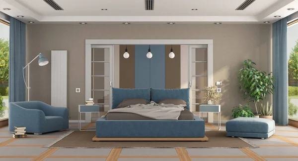 Luxus blaues und braunes Schlafzimmer — Stockfoto