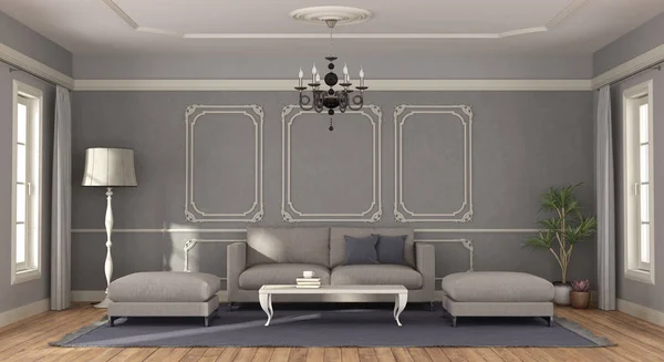 Divano grigio moderno in una stanza in stile classico - rendering 3d — Foto Stock