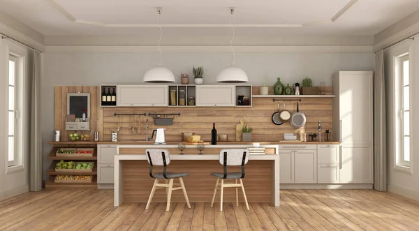 White and wooden kitchen with with island — Stock Photo, Image