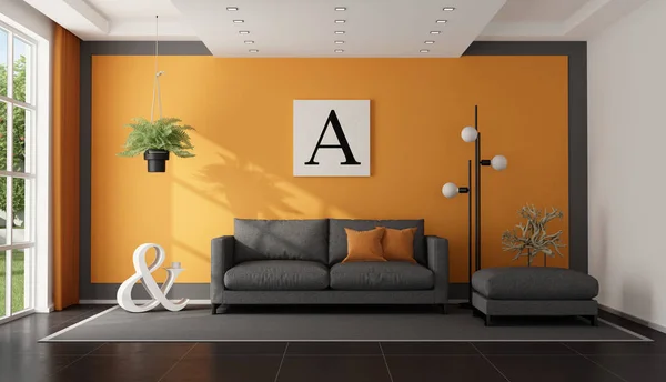 Modern szürke és narancs nappali — Stock Fotó