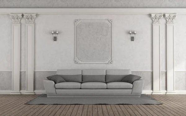 Salon z szarą kanapą w klasycznym stylu-renderowanie 3D — Zdjęcie stockowe