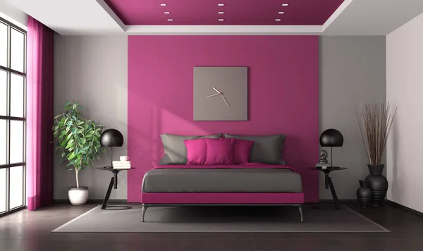 Dormitor principal violet și gri — Fotografie, imagine de stoc