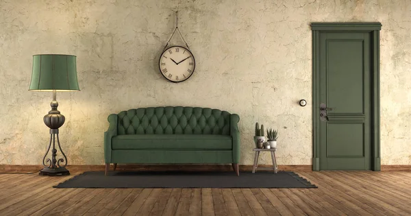 Grunge interior com sofá verde e porta — Fotografia de Stock