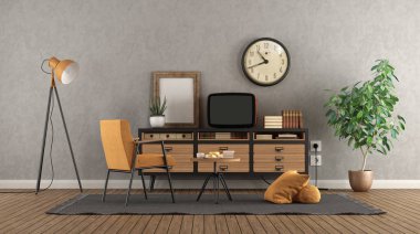 Vintage sideboard üzerinde eski tv ile Retro oturma odası