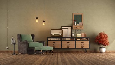 Reatro living room with armchair and sideboard clipart