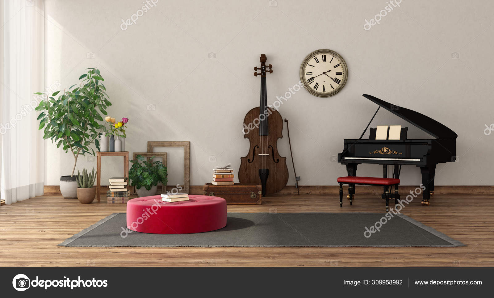 Music Room With Grand Piano And Double Bass Stock Photo