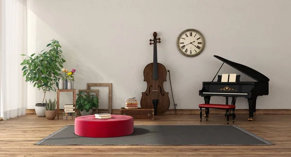 Kuyruklu piyano ve kontrbas ile müzik odası — Stok fotoğraf