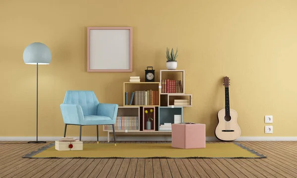 Sala de estar em estilo vintage com parede amarela — Fotografia de Stock