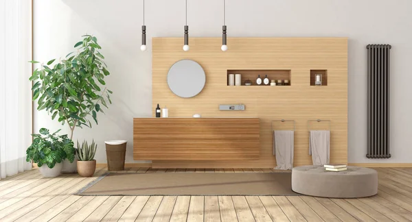 Minimalist bathroom with wooden furniture — Stock Photo, Image