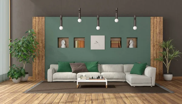 Elegante woonkamer met witte bank tegen groene muur — Stockfoto