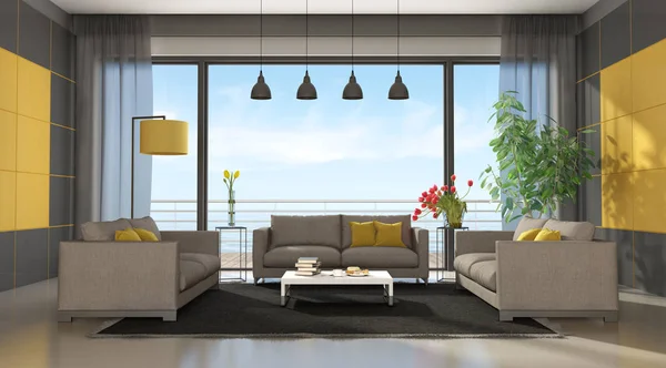 Šedý a žlutý moderní obývací pokoj — Stock fotografie